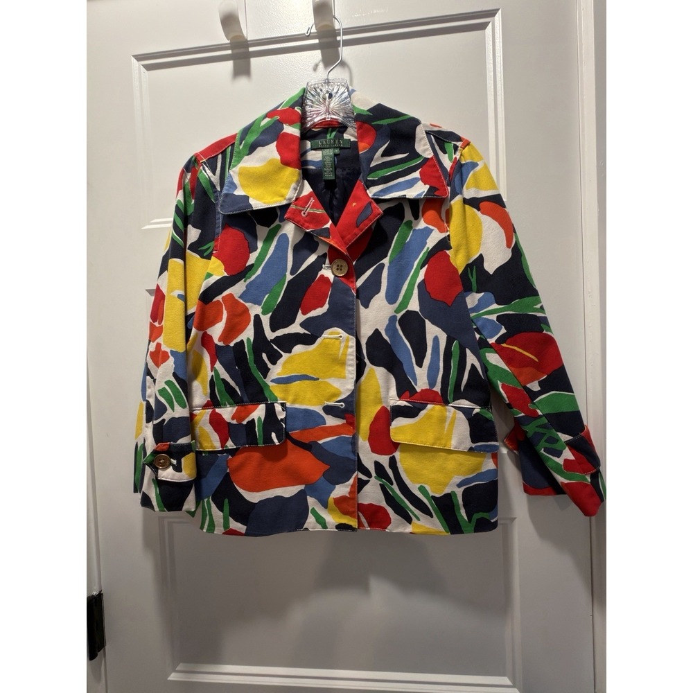 Ralph Lauren Lined Blazer Button Front Muliticolor 3/4 Sleeve W/ Collar Sz M EUC